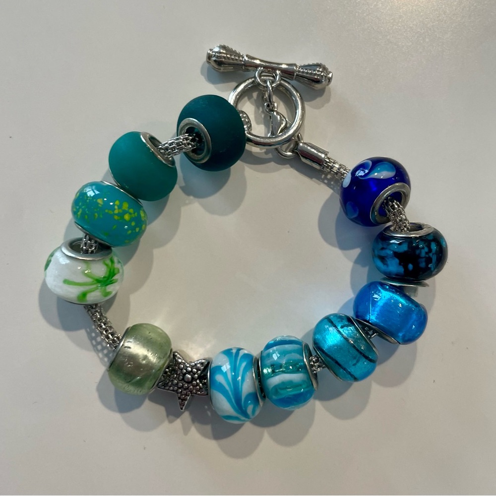 Glass bead bracelet with silver toggle and clasp - blues and greens